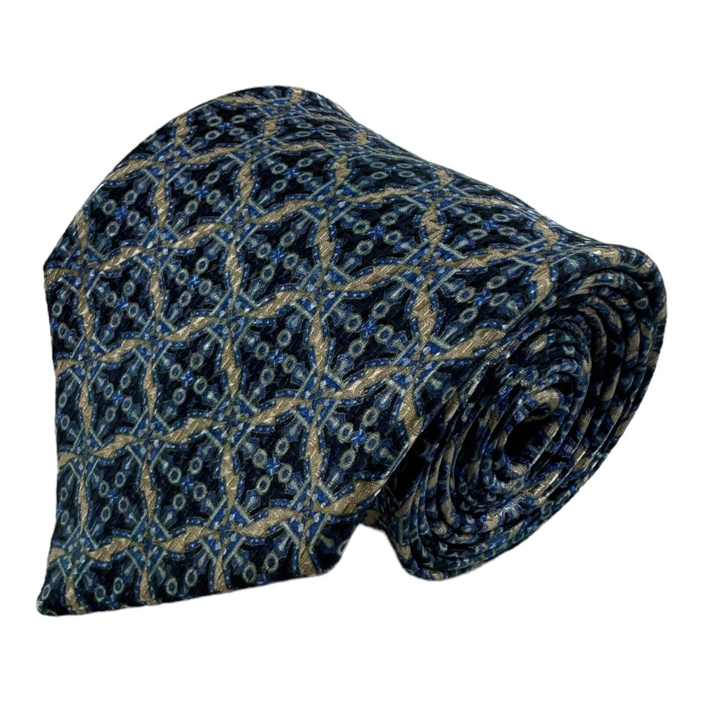 Stefano Ricci Blue Gold Geometric Silk Mens Tie 3.75 in Excellent